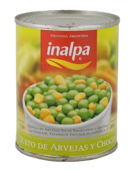 Mezcla de arvejas secas remojadas y granos de choclos amarillos enteros en conserva (dueto de arvejas y choclos)