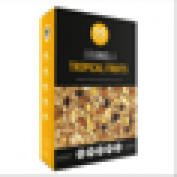 Granola Tropical Fruits: Avena, miel, pasas de uva, coco en cubos, banana y almendras.