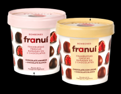 Franui : frambuesas bañadas en chocolate con leche y en chocolate semiamargo- Revisar uno por uno previo a su consumo.