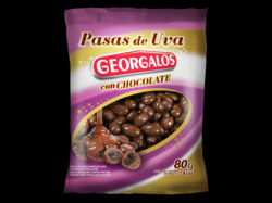 Confites finos pasas de uva, de frambuesa, de avellana, o almendra con azúcar y con chocolate Georgalos