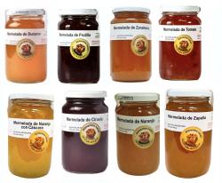 Mermelada de cereza, ciruela, durazno, frambuesa, frutilla, membrillo, naranja, naranja con cáscara, tomate, zanahoria, zapallo dietética