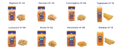 Rigatoni No 42, Lumaconi No 68, Minchiette No 88, Ruote No 82, Paccheri No 44, Conchiglioni No 66, Tagliatelle No 18 (Pasta Larga), Mafalde No 19 (Pasta Larga)